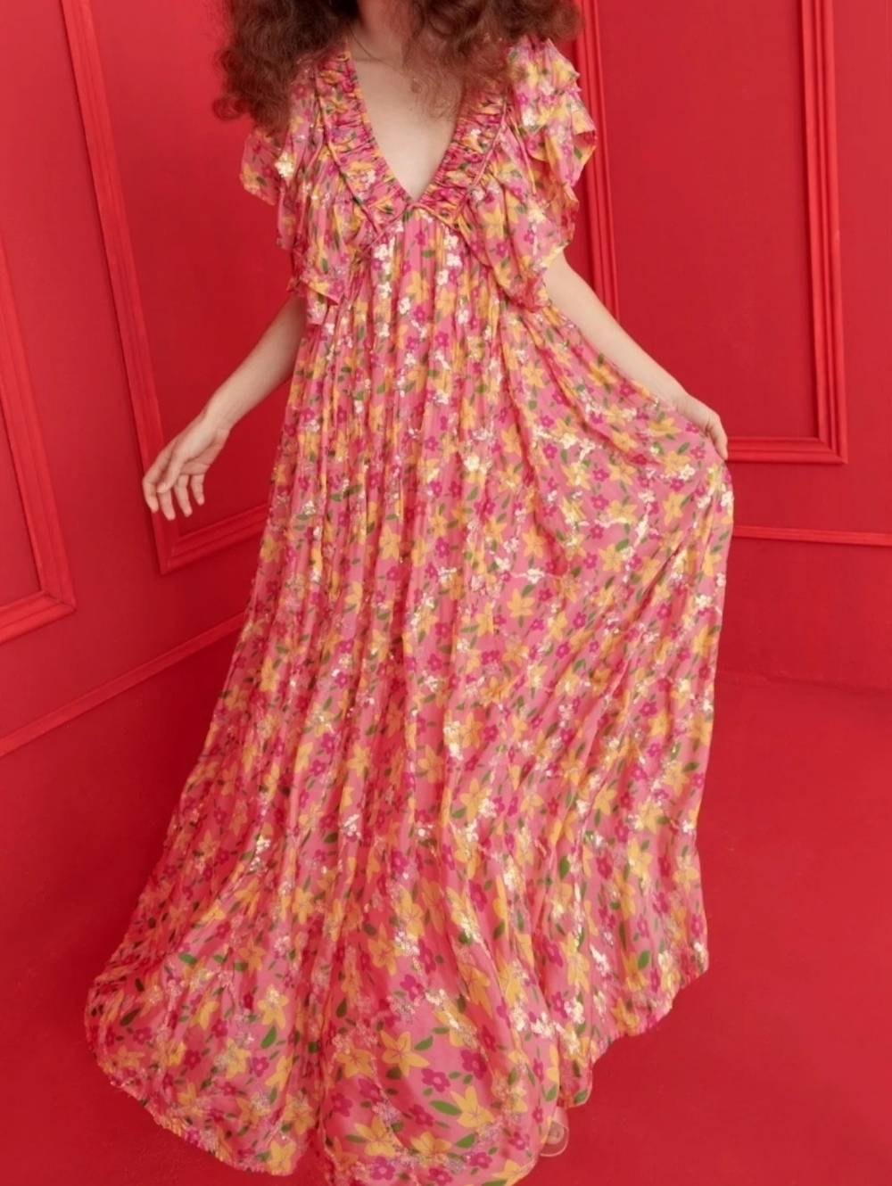 CeliaB Pink Floral Sequin Ruched Dress Size XS New Feminine Festival Summer